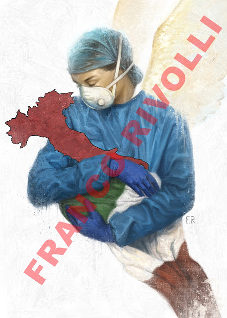 A ilustração do artista Franco Rivolli, publicada pelos Carabinieri (Forças Armadas da Itália), tornou-se viral nas redes sociais italianas. Representa um médico com  máscara segurando a Itália como um bebê, febril e envolto na bandeira da nação. As asas nos seus ombros representam os trabalhadores da saúde como anjos da guarda de seus pacientes e do país. A ilustração nasceu do desejo de agradecimento aos médicos, enfermeiros e profissionais de saúde, que estão na vanguarda da luta contra a epidemia do novo coronavírus, que está colocando o país de joelhos.