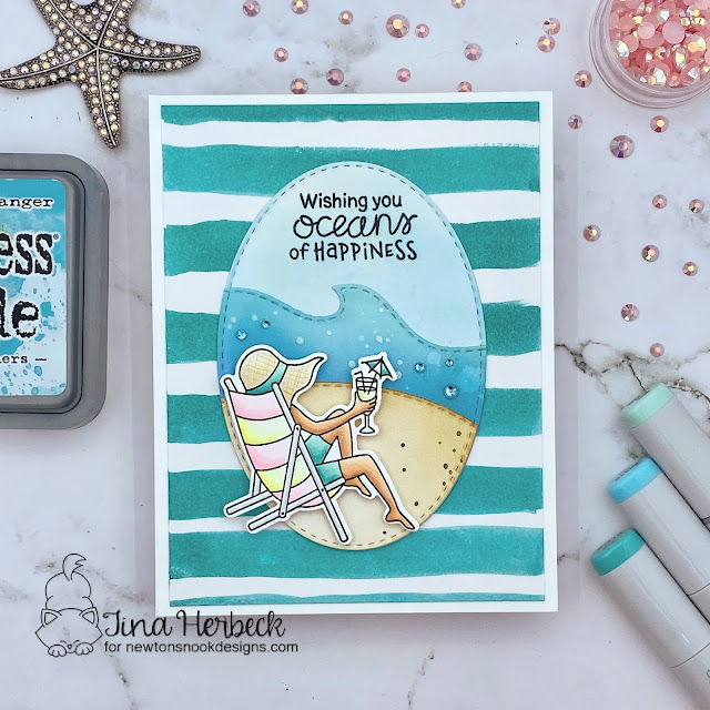 Oceans of Happiness Card by Tina Herbeck | Summer Moments Stamp Set, Land Borders Die Set, Sea Borders Die Set and Oval Frames Die Set by Newton's Nook Designs #newtonsnook