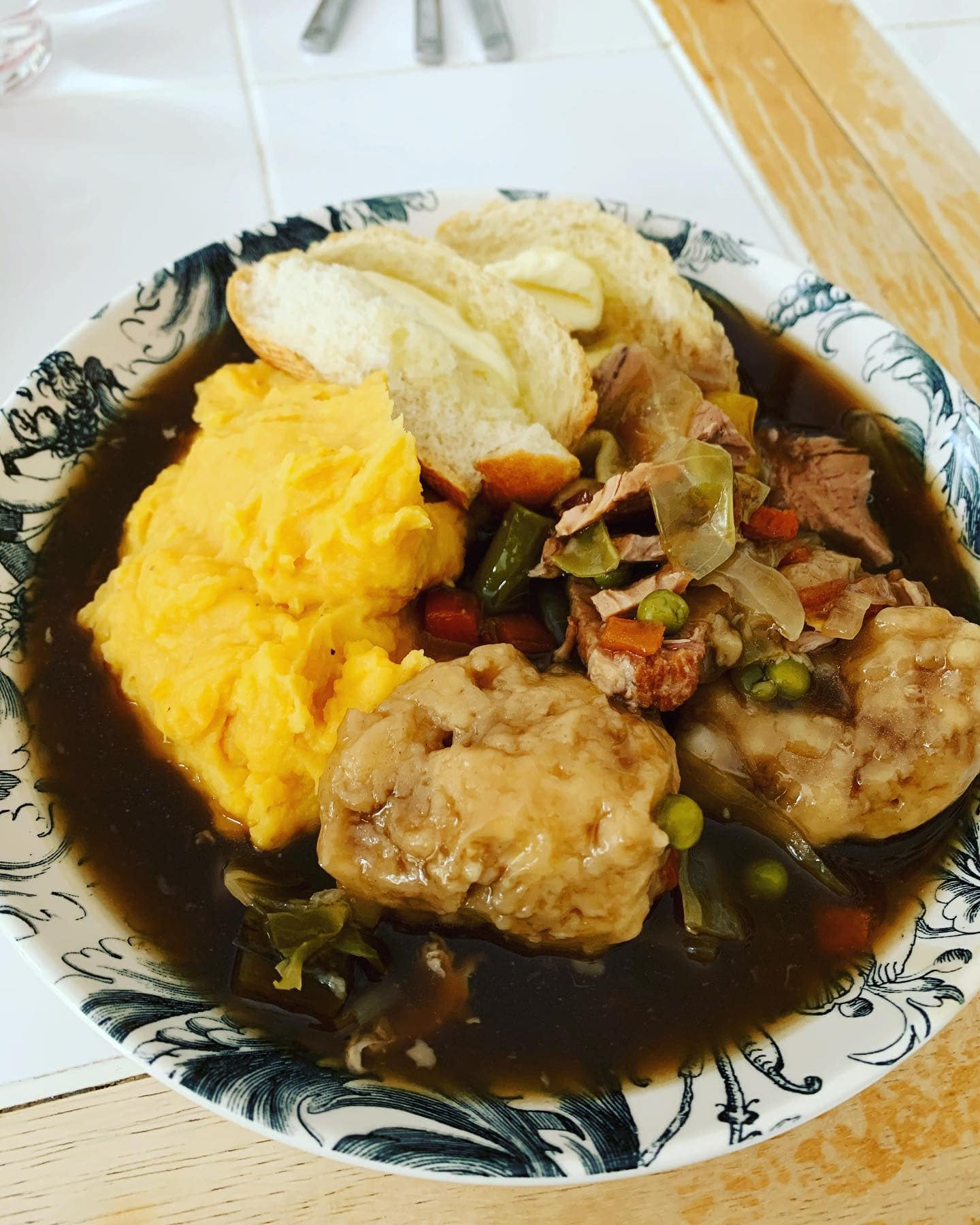 Recipe - Pork stew with sweet potato mash, dumplings & petit pain