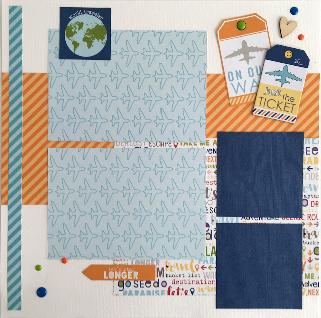 12x12 Travel Memories Scrapbook Layouts with airplanes, a globe, tickets, tags, and enamel dots