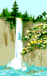 Waterfall with trees,flowers and birds