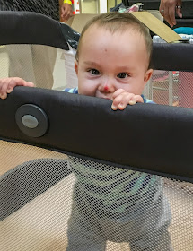 Nine-month-old Malachi peeks over the side of his new pack-and-play crib donated by Save the Children. The family is staying in a hurricane shelter in San Antonio, Texas.