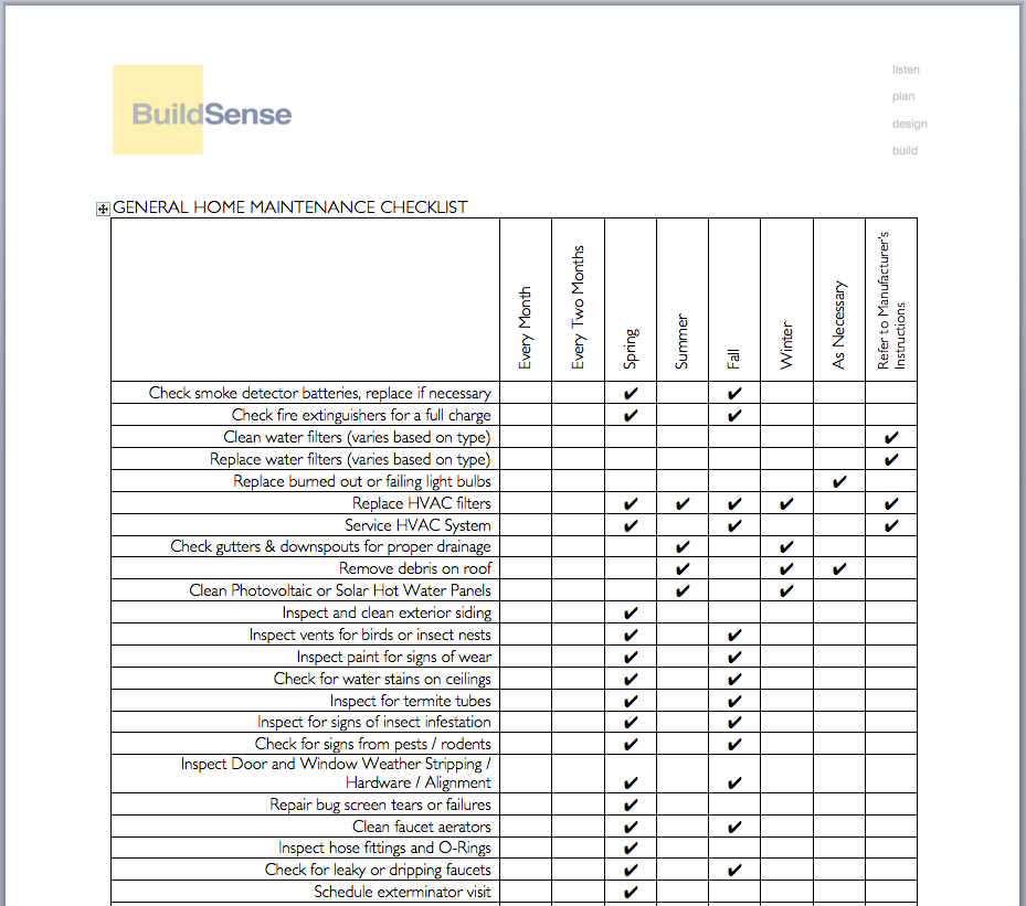 portion of the BuildSense Home Maintenance Checklist