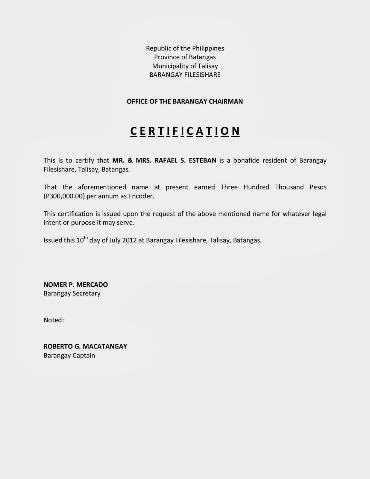 CERTIFICATION OF INCOME (Sample) ~ FILESishare