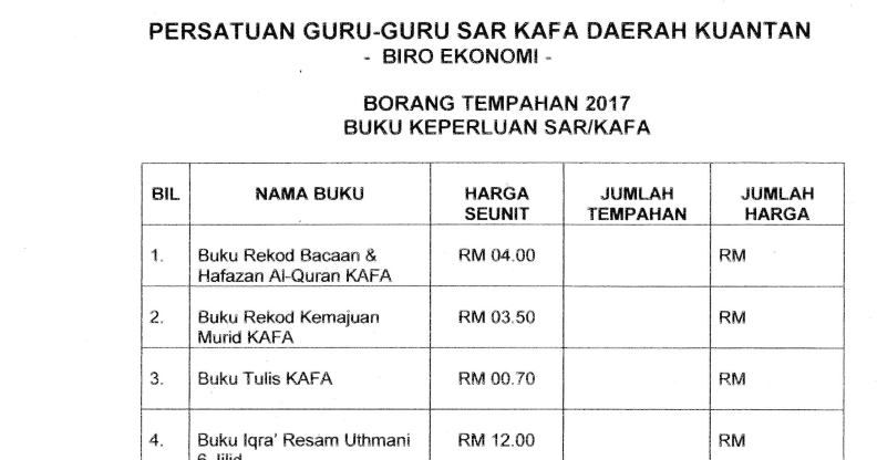 Borang Tempahan Buku Keperluan Sar/Kafa 2017  Persatuan 