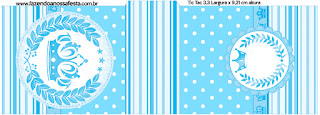 Light Blue Crown in Stripes and Polka Dots  Free Printable Candy Bar Labels for a Quinceanera Party.