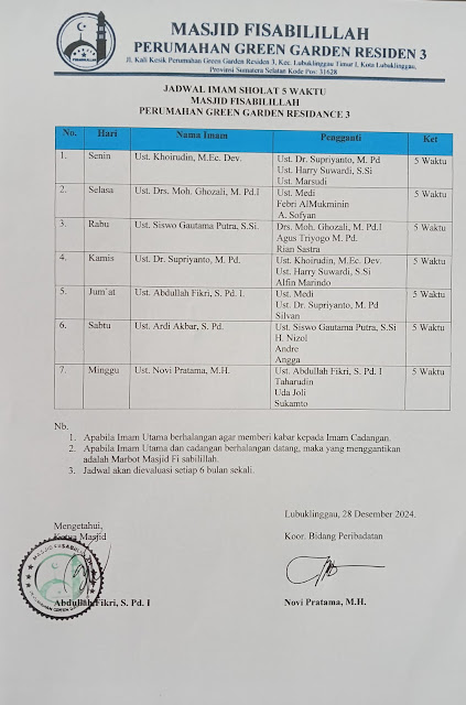 jadwal, imam, masjid, fisabilillah, green garden 3, watervang, lubuklinggau timur 1