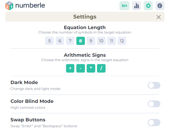 Numberle - Screenshot of Customization Settings from 19 March 2022