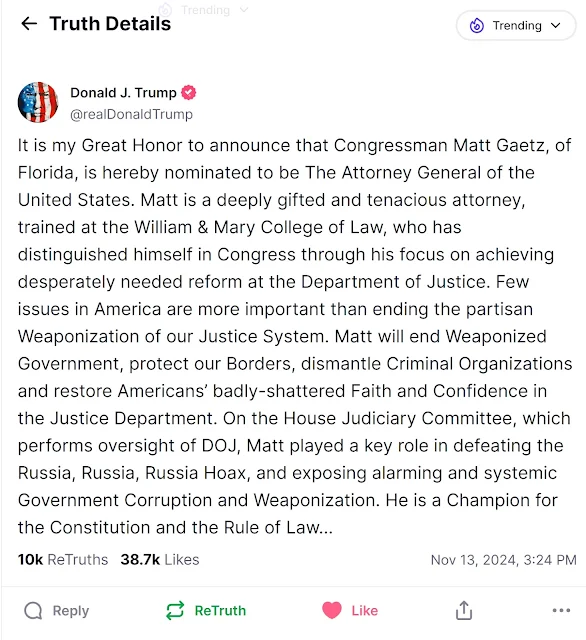 Trump Nominates Matt Gaetz as Attorney General to Overhaul Justice System