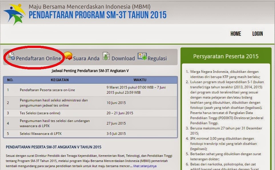 Cara Daftar Online Peserta SM3T Angkatan V Tahun 2015