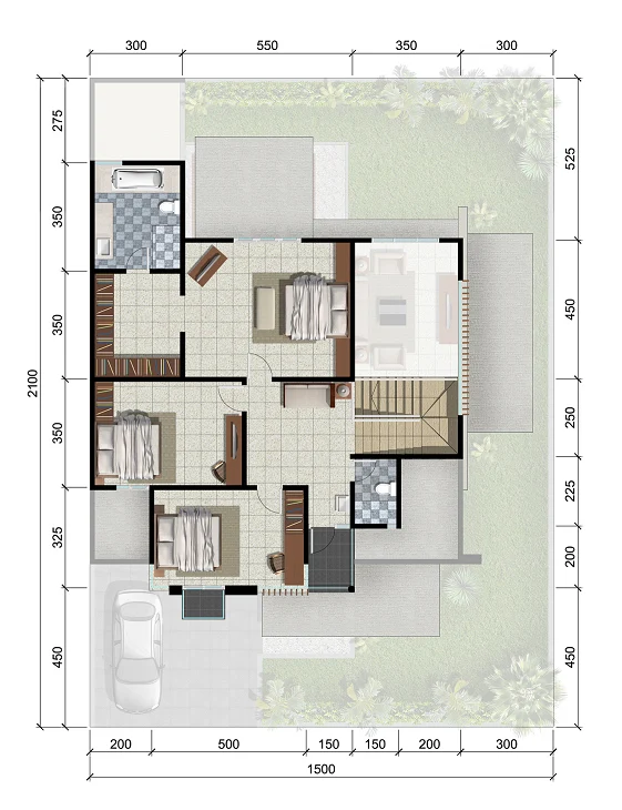 Denah rumah minimalis ukuran 15x21 meter 5 kamar tidur 2 lantai