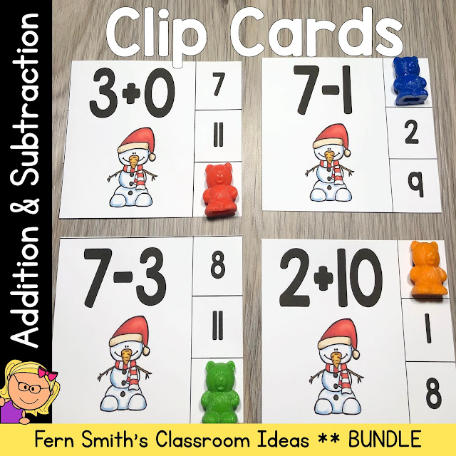 Click Here to Download this Addition and Subtraction Winter Snowman Themed Clip Card Math Center Bundle Today!