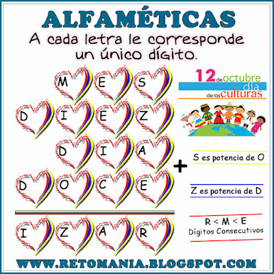 Alfamética, Criptoaritmética, Criptosuma, Criptograma, Juego de letras, Juego de Palabras, Suma de Palabras, Alfaméticas con solución, Alfaméticas Día de la Raza, Alfaméticas 12 de octubre