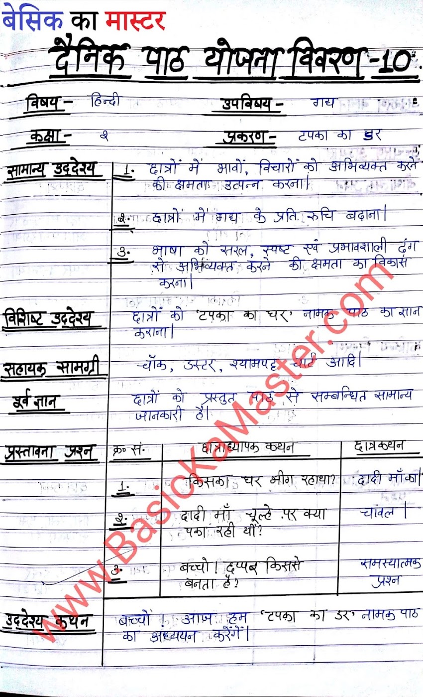 D.El.ED Lesson Plan (बी. टी. सी. पाठयोजना ) सेमेस्टर 2- कक्षा - 2, विषय - हिंदी, पाठयोजना 10