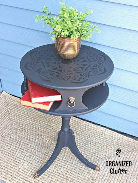 Vintage Two Tier Drum Table Transformation #dixiebellepaint #monochromaticstencil