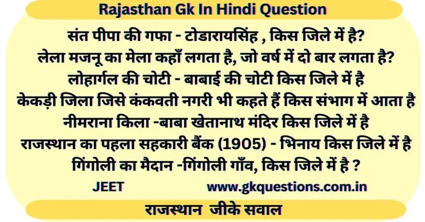 Rajasthan Gk In Hindi Question