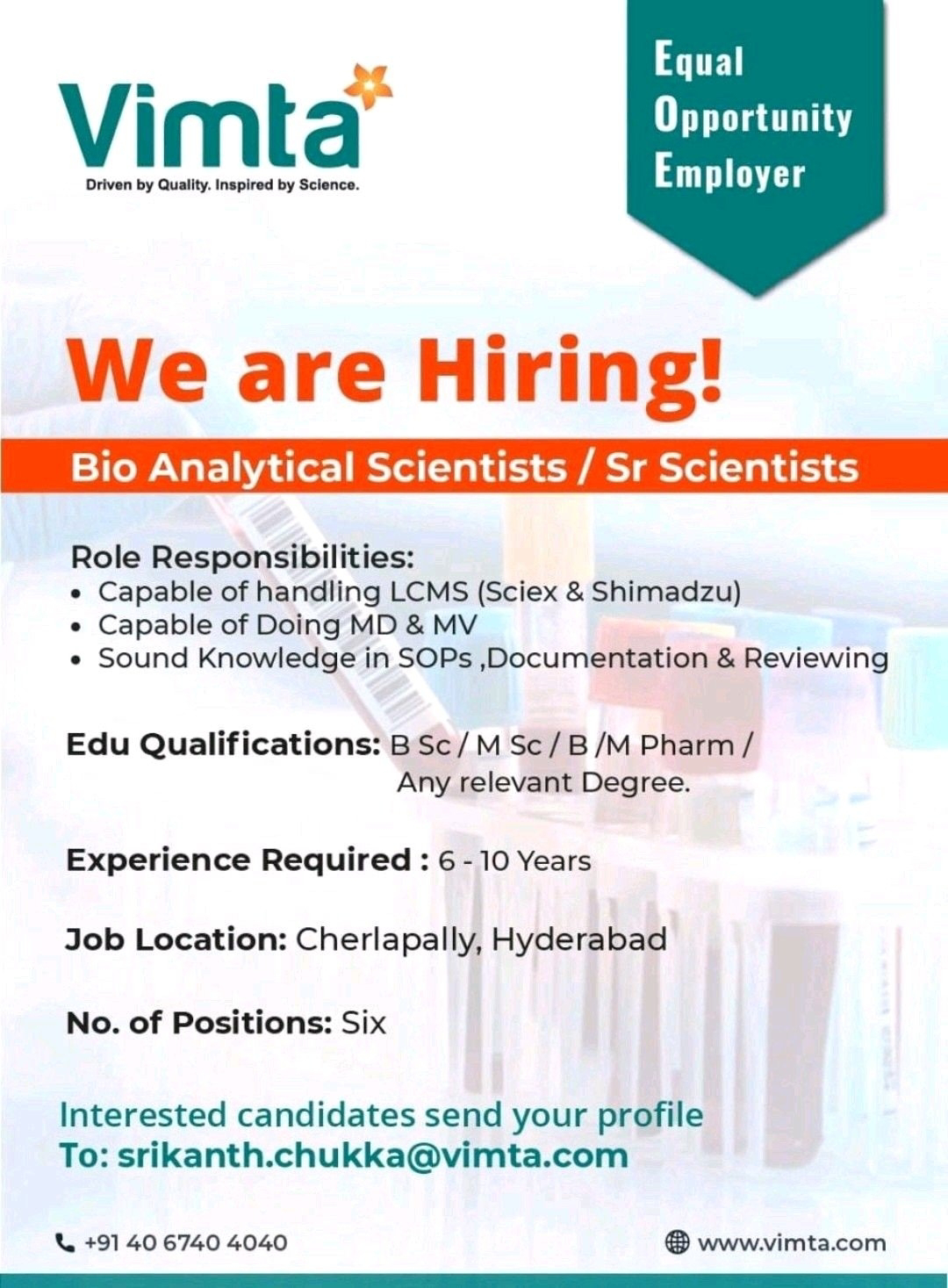 Job Availables, Vimta Job Opening For B.Sc/ M.Sc/ B.Pharm/ M.Pharm Candidates for Scientists/ Sr. Scientists in Bioanalytical department