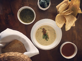 Fresh corn tortillas, chips, queso, salsa and salsa verde