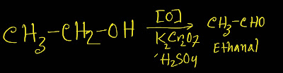 Ethanol is oxidized by K₂Cr₂O₇ plus H₂SO₄ and we get ethanal.