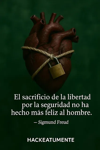 Sigmund Freud: El sacrificio de la libertad por seguridad no ha hecho más feliz al hombre Frase de Sigmund Freud sobre el sacrificio de la libertad por la seguridad, compartida por HackeaTuMente