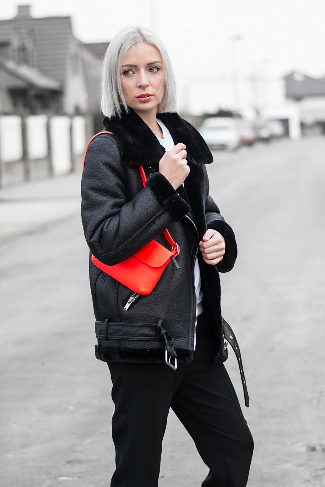 Black shearling jacket zara, Neon orange bumbag &otherstories, American apparel sweatshirt