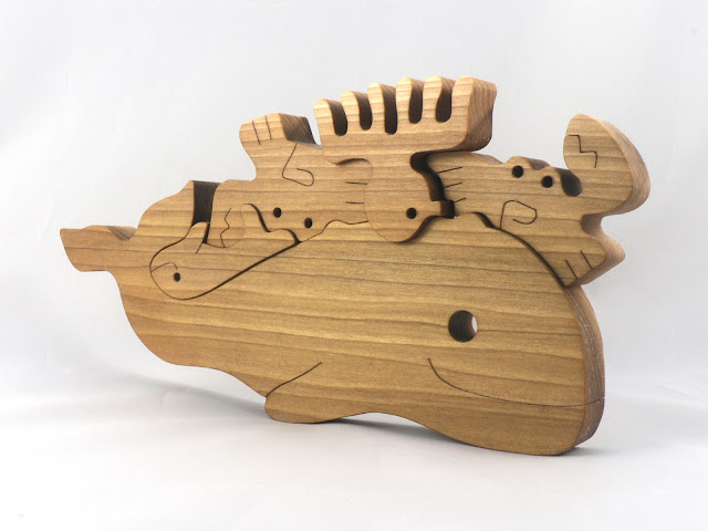 Handmade Wood Nautical Animal Stacking Puzzle, Whale, Crabs, Octopus, and Fish