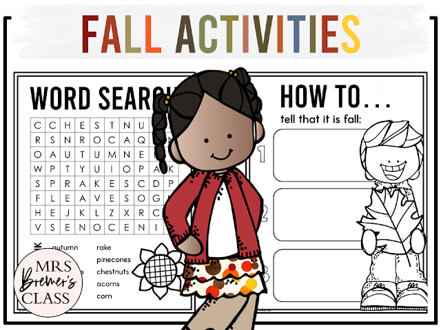 Fall activities about pumpkins, autumn, apples, scarecrows, Thanksgiving, Halloween, and more for Kindergarten, First Grade and Second Grade