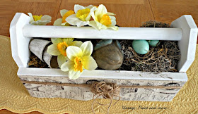 Vintage, Paint and more... vintage toolbox wrapped with French burlap ribbon and twine and filled with spring items