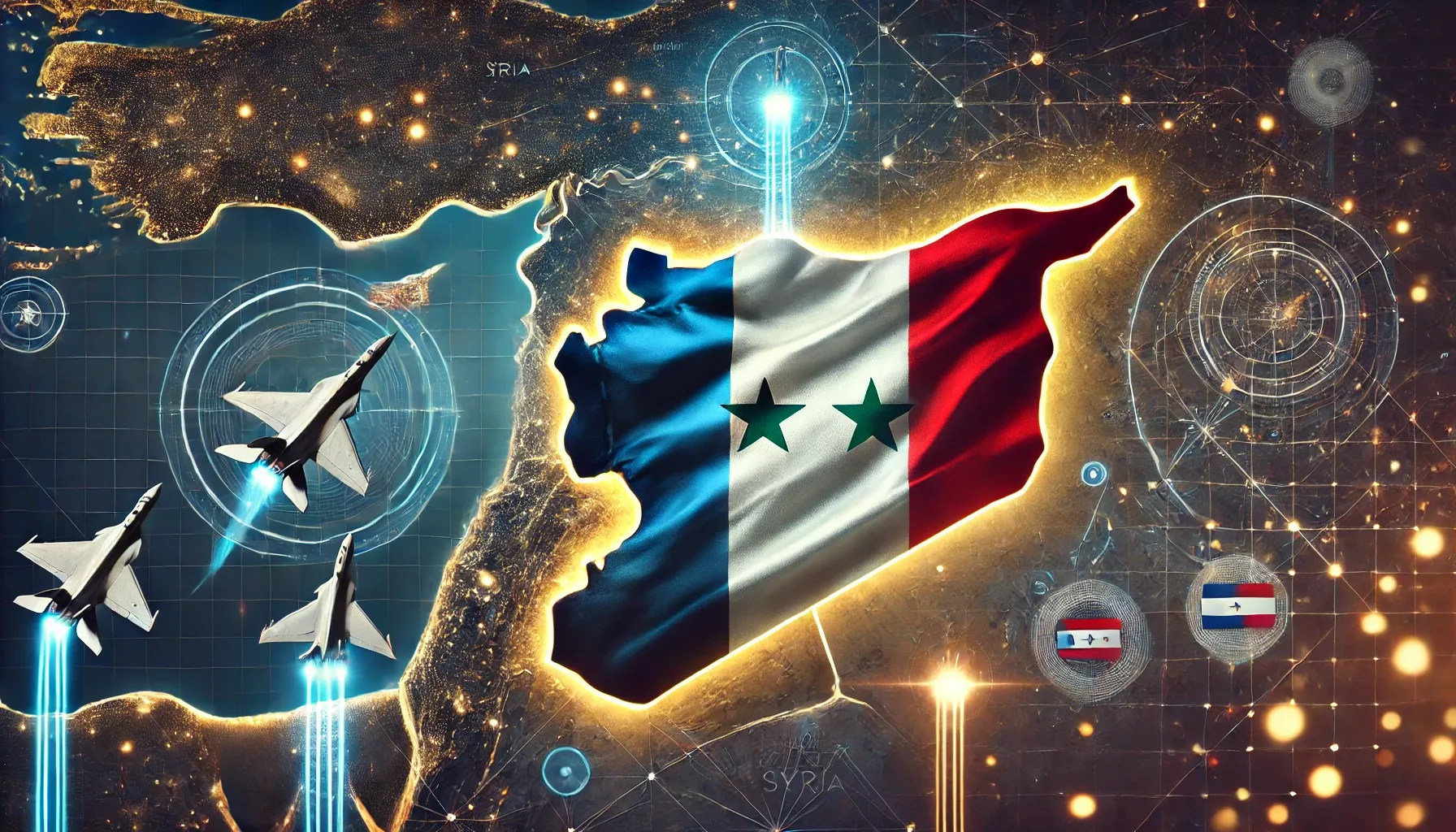 Ilustrasi abstrak operasi militer Prancis dengan bendera Prancis, simbol jet tempur, dan peta Suriah yang artistik.