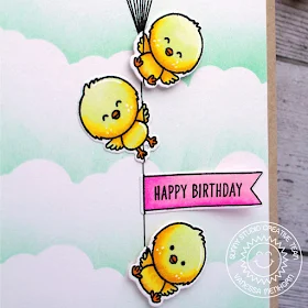 Sunny Studio Stamps: Floating By Chickie Baby Banner Basics Fluffy Clouds Border Dies Happy Birthday Card by Vanessa Menhorn