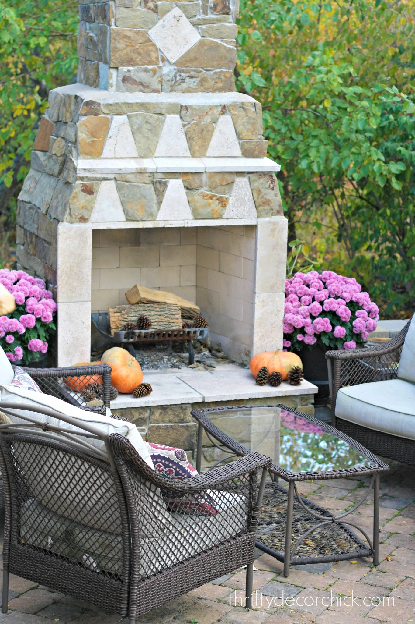 stone patio and fireplace