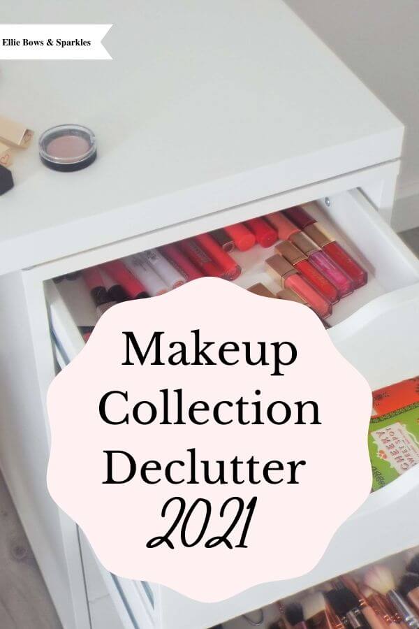 Pinterest pin, with large image of draw of makeup and makeup scattered on dressing table, with circular pink title card, to pin and save the blog post Makeup Collection Declutter | 2021.