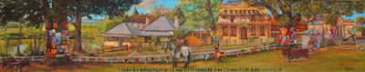 plein air oil painting of a panorama of Thompson's Square, Windsor, with a 'wool-bombing protest' painted by artist Jane Bennett
