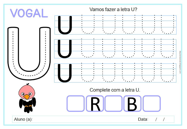 Recursos: Fichas de atividades com as vogais A, E, I, O e U:  Modelo de cartaz para colorir: Crie um cartaz único com as vogais e personalize o seu espaço de aprendizado. Materiais criativos: Lápis de cor, tintas, giz de cera, papel, glitter, etc. Sua imaginação: Explore a criatividade e invente novas formas de aprender. Baixe as fichas de atividades, prepare seus materiais e embarque nesta sinfonia de vogais   Ajude seu filho a dominar as vogais de forma divertida e personalizada!  Palavras-chave: Atividade de Alfabetização, Vogais A E I O U, Caligrafia, Coordenação Motora Fina, Leitura, Escrita, Criatividade, Aprendizagem, Diversão, Mural Vibrante, Sinfonia de Vogais.  Dicas para tornar a atividade ainda mais especial:  Cante músicas sobre as vogais enquanto a criança realiza as atividades. Conte histórias que utilizem as vogais como personagens. Exponha os trabalhos da criança em um lugar especial. O importante é que a criança se divirta enquanto aprende!