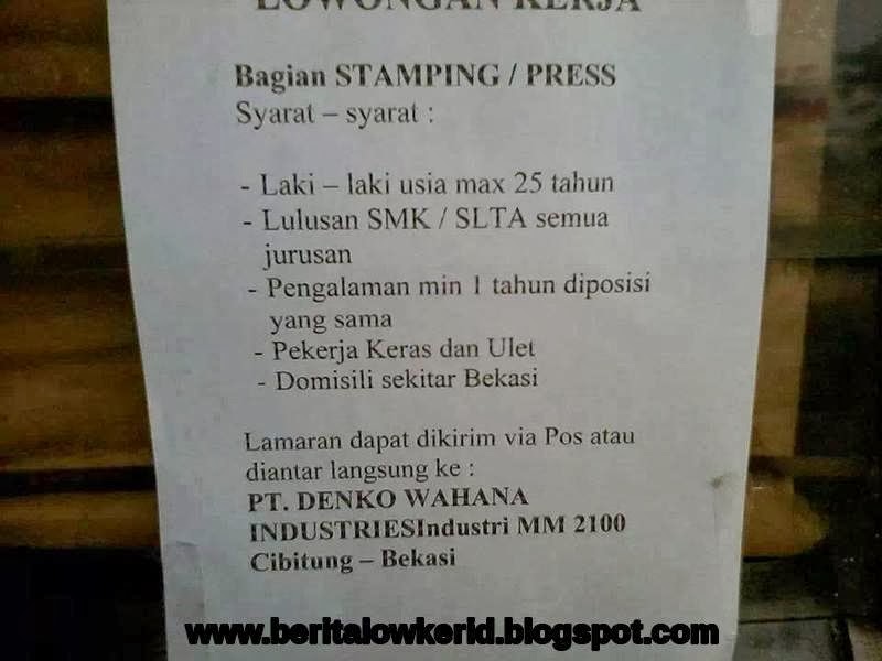 Lowongan Kerja Bagian Stamping / Press PT. Denko Wahana 