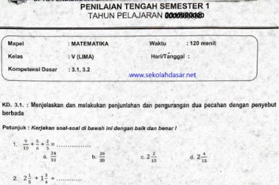 Soal Uts Evaluasi Tengah Semester 1 Matematika Kelas 5