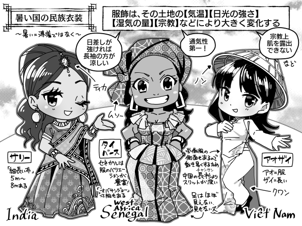 1コマ漫画 暑い国の民族衣装を比べてみる パンタポルタ 1コマ漫画 暑い国の民族衣装を比べてみる パンタポルタ