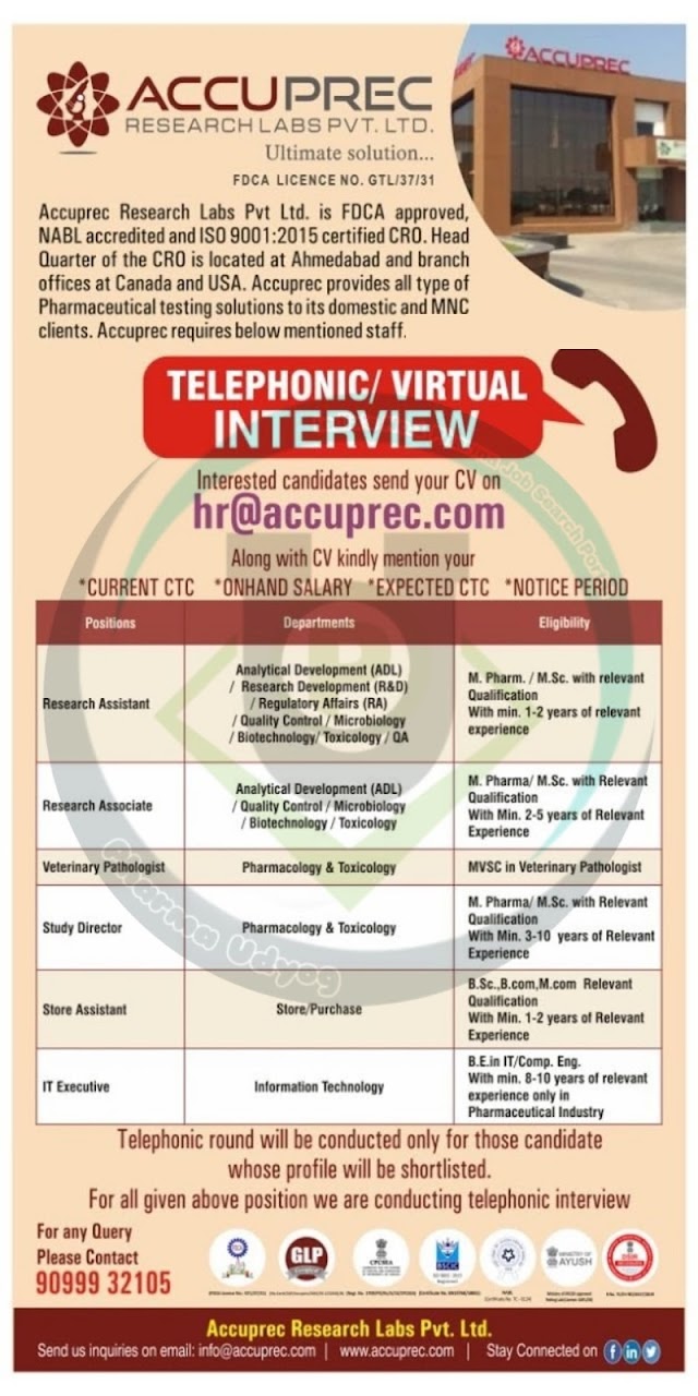 Accuprec Research Labs | Telephonic interview for Multiple positions in Research.