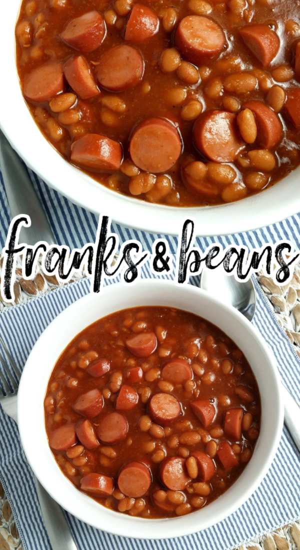 Franks & Beans! A simple, family-friendly recipe for homemade Beanie Weenies made on the stove or in a crock pot using pork n' beans and hotdogs.