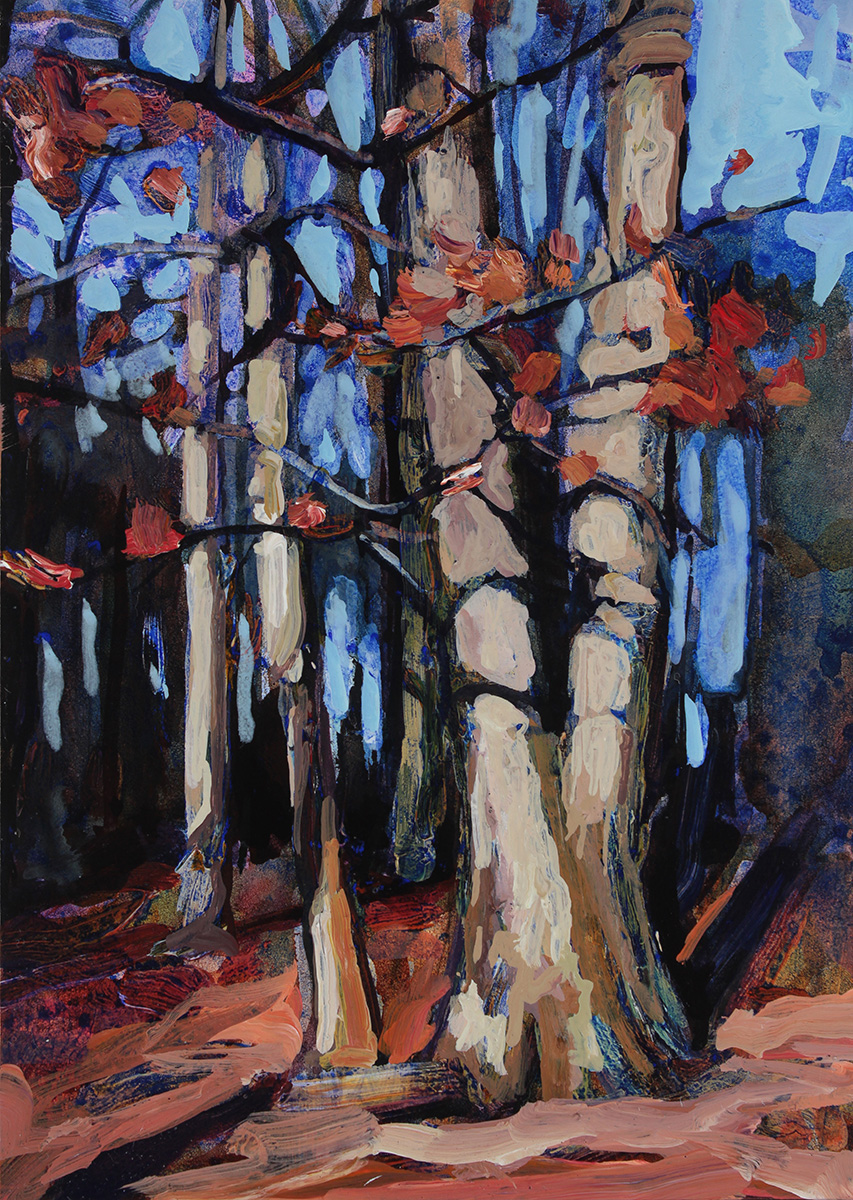 An acrylic painting of trees at Walton Woods located in Amherst NY.