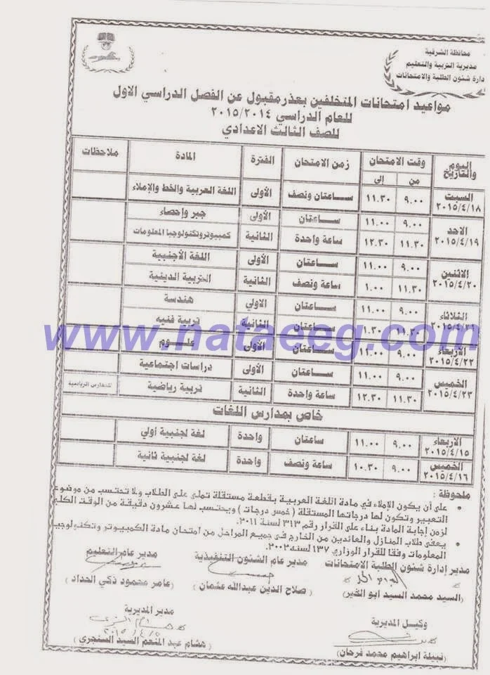 جداول الصف الاول والثاني والثالث الاعدادي 2015 محافظة الشرقية - الترم الثانى