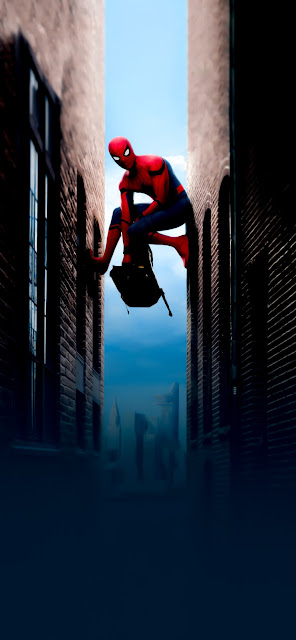 spider-man between building with a bag. image to use as background wallpaper on iOS 16 or any android.