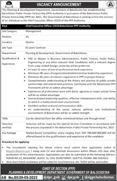 Planning and Development Department Balochistan jobs 2022 Quetta