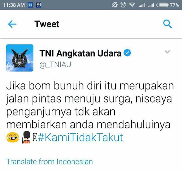 Bom bunuh diri jalan pintas menuju surga? (tweet TNI AU)