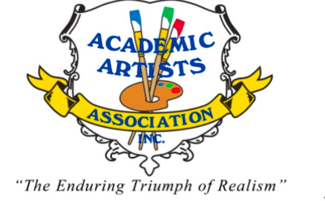 Logo with palette and paintbrushes on a fancy shield with text: Academic Artists Association "The Enduring Triumph of Realism"