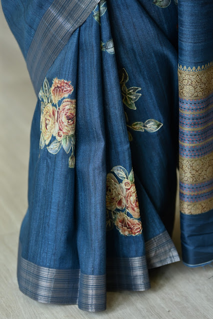Enchanting Elegance: Deep Blue Dupion Silk Saree with Digital Rose Print