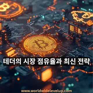 "A futuristic financial hub with glowing holograms of Bitcoin, AI networks, and Tether coins, set against a world map highlighting Asia and the US, cinematic lighting, ultra-detailed, high realism"라는 프롬프트를 사용하여 생성한 이미지를 이용하여 '월드 와이드 레벨업' 블로그 작성자가 직접 디자인한 썸네일 이미지 입니다.