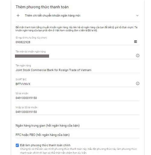 Cài đặt Thanh Toán Google adsense bằng ngân hàng Vietcombank