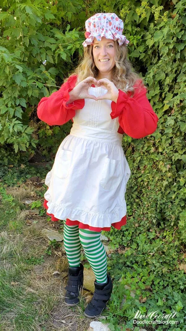 Closet cosplay of Strawberry Shortcake! Keeping basic and staples on hand make a closet cosplay a breeze. Red Dress, white apron, green and white striped tights and a muffin hat. Make one easily with 2 layers of fabric and a sewing machine.