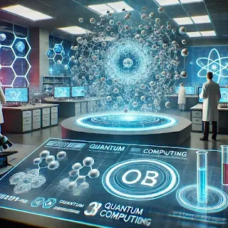 Alt Text: "A high-tech quantum computing laboratory with a glowing holographic network, scientists analyzing data on futuristic digital screens, and advanced molecular structures displayed in 3D."